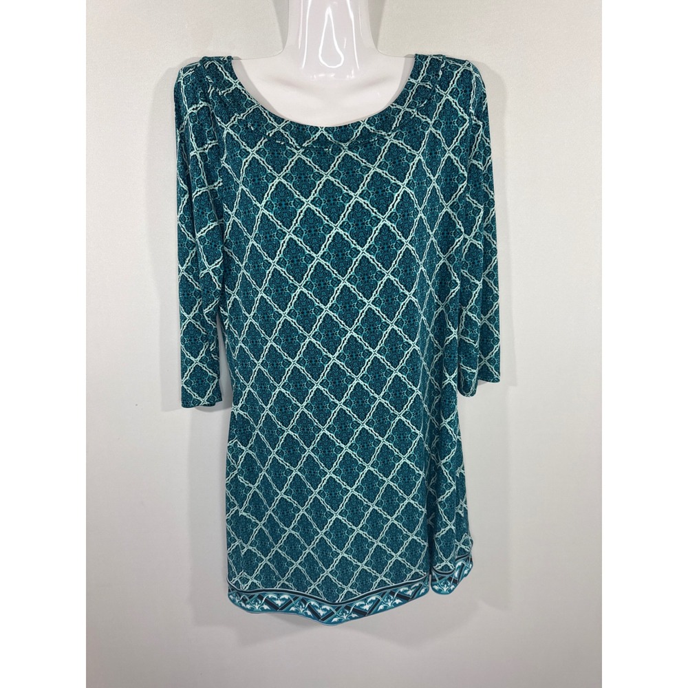 White House Black Market Teal Geometric Lattice 3/4 Sleeve Tunic Women Size M